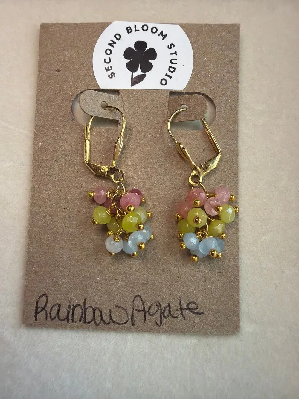 Rainbow Agate Cascade Earrings, Pastel Yellow, Pink, Blue, 18K Gold Plated